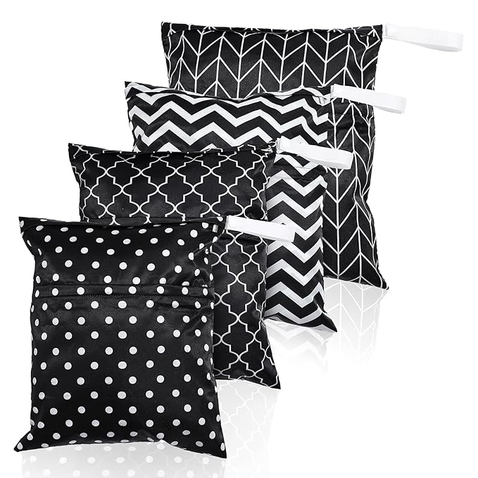 Frienda 4 Pieces Cloth Diaper Wet Dry Bag, Waterproof Reusable Washable Bag for Baby Items and Travel Zippered Pockets with Handle, Beach, Swimsuit, Dirty Gym Clothes and Toiletries(Dark Geometric)