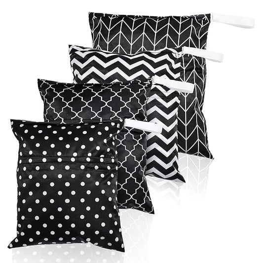 Frienda 4 Pieces Cloth Diaper Wet Dry Bag, Waterproof Reusable Washable Bag for Baby Items and Travel Zippered Pockets with Handle, Beach, Swimsuit, Dirty Gym Clothes and Toiletries(Dark Geometric)