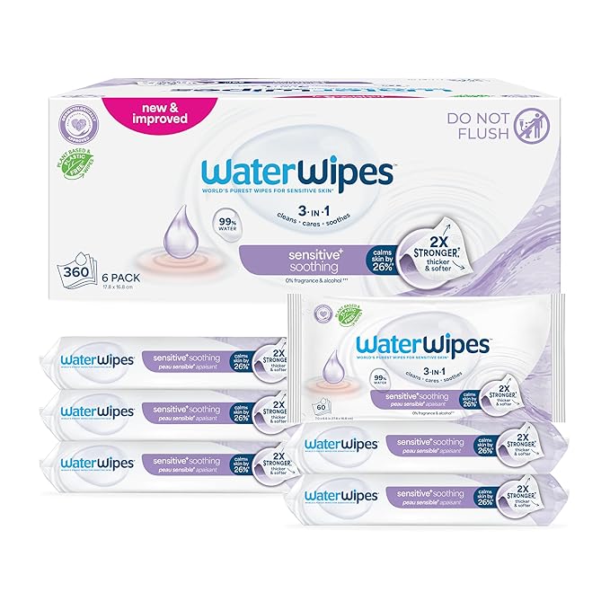 WaterWipes Sensitive+ Soothing Wipes, 3-In-1 Cleans, Cares, Soothes, 99% Water with Botanical Extract, Unscented & Hypoallergenic Baby Wipes, 360 Count (6 Packs)