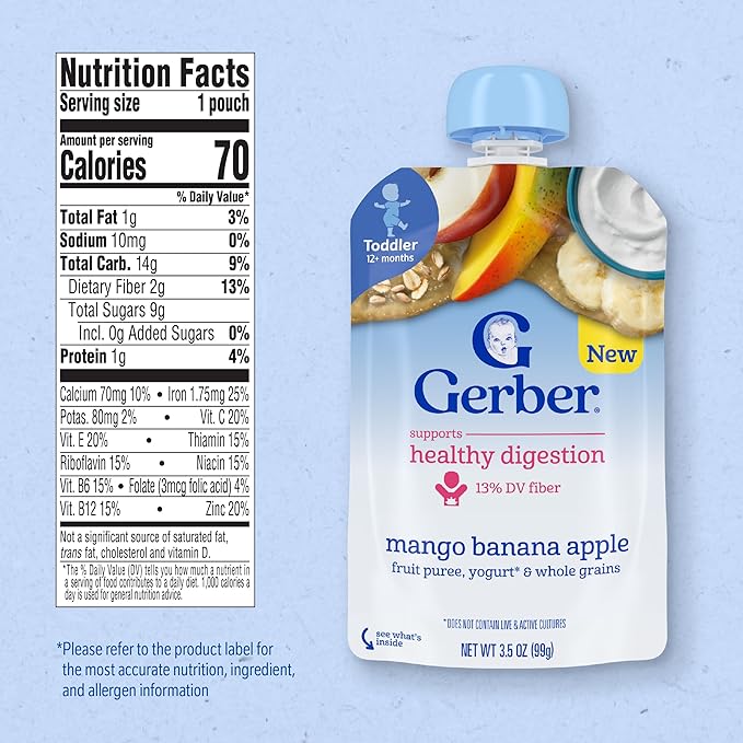 Gerber Toddler Food, Baby Food Pouches for Toddlers, Mango Banana Apple, Fruit Puree, Yogurt & Whole Grains, Fiber Helps Support Healthy Digestion, No Artificial Flavors, 3.5oz each (Pack of 12)