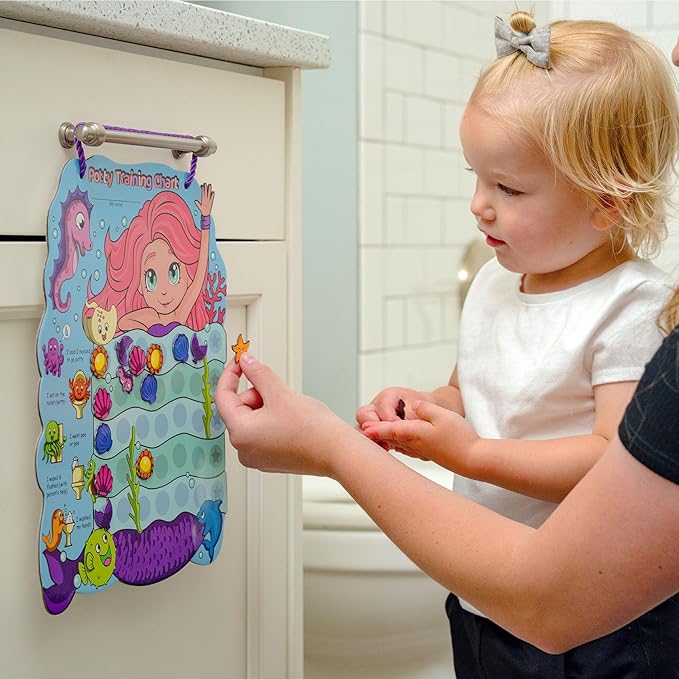 PUTSKA Potty Training Reward Chart for Girls with 35 Reusable Stickers – Potty Chart for Toddlers Girls - Reward Chart for Kids for Toilet Success - Mermaid