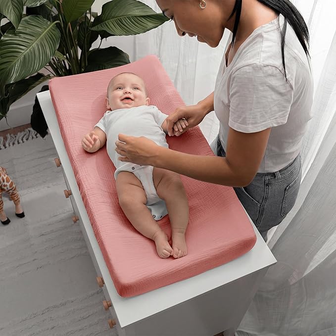 Comfy Cubs Muslin Fitted Changing Pad Cover Pack of 2, Dusty Rose and Blush - Soft, Breathable & Washable 100% Cotton Fitted Sheet for Baby's Comfort - Universal Fit for Flat & Curved Baby Changer Pad