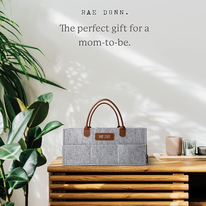 Rae Dunn Baby Diaper Caddy Organizer, Nursery Storage for Changing Table and Car, Portable Basket for Items, Shower Gifts, Grey Felt With Leather Handles, Large