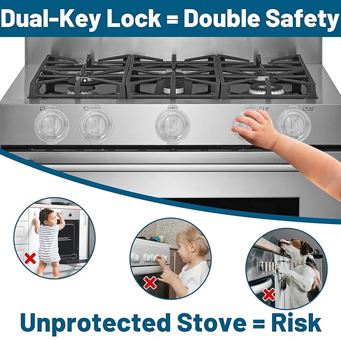 Childproof Stove Knob Covers, Oven Knob Covers for Child Safety 5 Pack, Clear Stove Knob Safety Covers & Gas Stove Locks, Heat-Resistant Adhesive,Double-Key Baby Proof Covers for Gas/Electric Burners