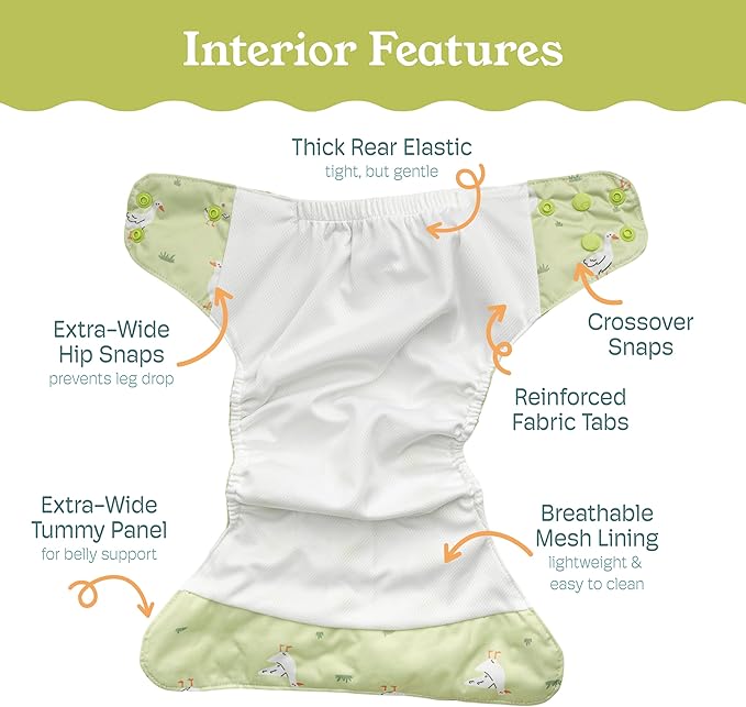 Kinder Cloth Diapers Reusable Baby Diapers Pocket Style Athletic Wicking Jersey, Wet Bag, Newborn to Potty Training 7-60lbs, One Size, Inserts NOT Included (Just Ducky, 3 Pack, Without Inserts)