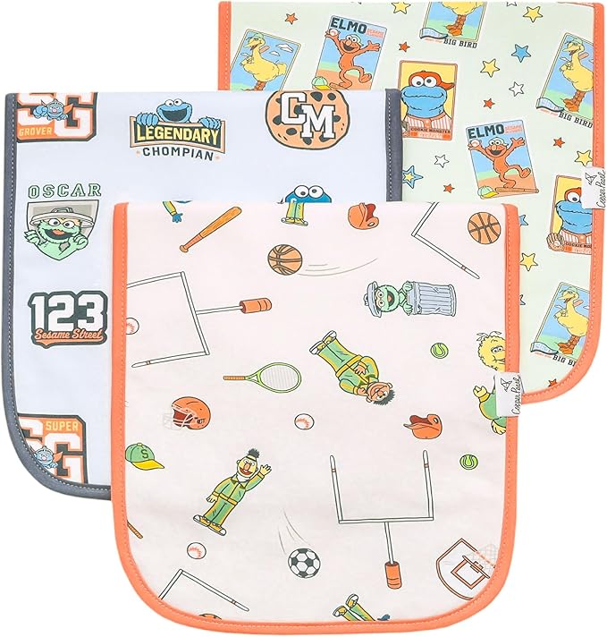 Baby Burp Cloths for Boys & Girls - Cotton Burp Cloths Baby Girl & Boy, 3 Pack Soft Spit Up Rags, Extra Absorbent Layers for Newborn, Infant Towels, 21x10 in - Sesame Street Varsity Friends Set