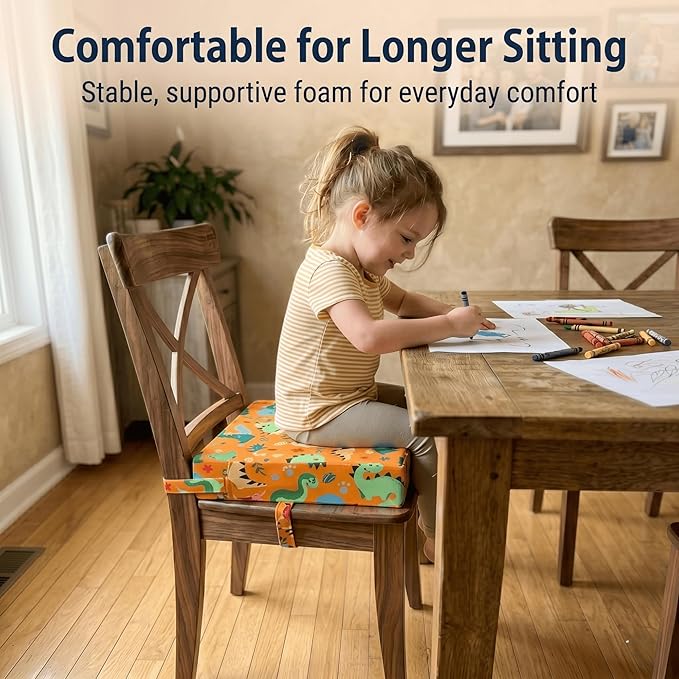 Toddler Booster Seat for Dining Table & Kitchen Chairs - Premium Foam with Non-Slip Bottom & Double Adjustable Straps, Safety Certified, Portable Travel &Easy to Clean (Orange-Dinosaur)