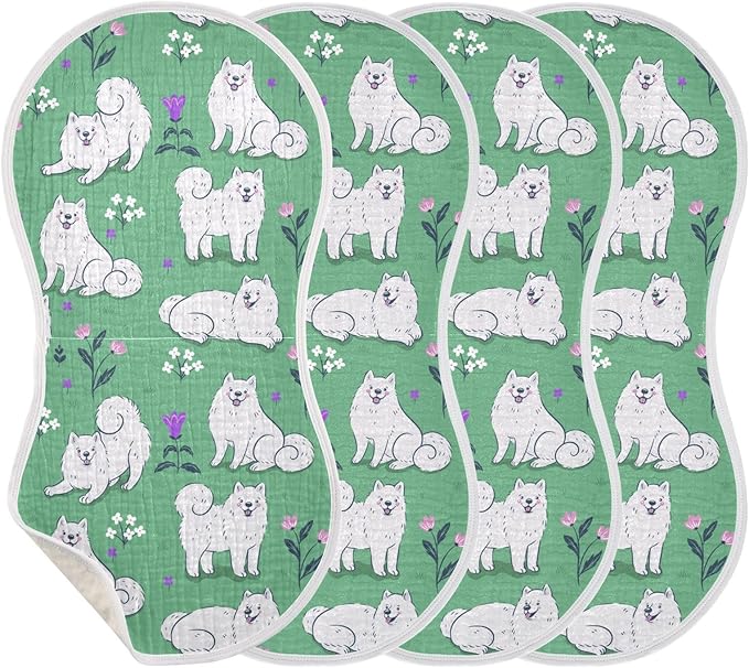 Muslin Burp Cloths for Baby Boys and Girls - 4-Pack Ultra Absorbent Cute Samoyed Dog Muslin Washcloths, Newborn Towel, Milk Spit Up Rags, Burp Cloth Bib for Unisex, 22 x 11 Inch