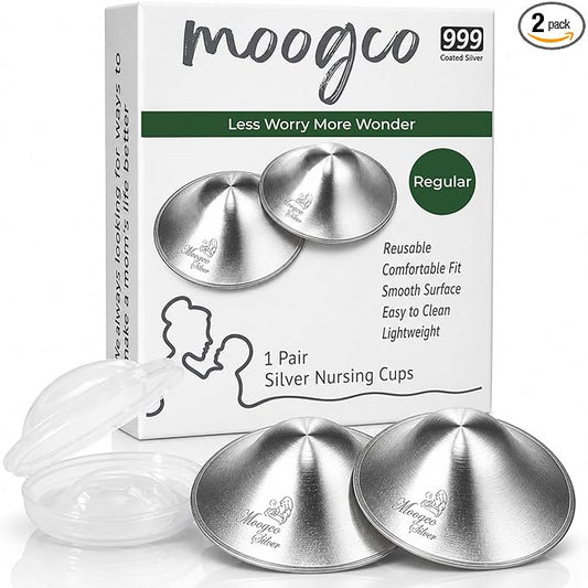 MOOGCO The Original Silver Nursing Cups - Nipple Shields for Breastfeeding Newborn - Breastfeeding Essentials - 999k Tri-Laminate Silver Nipple Covers (Regular Size, Set of 2)