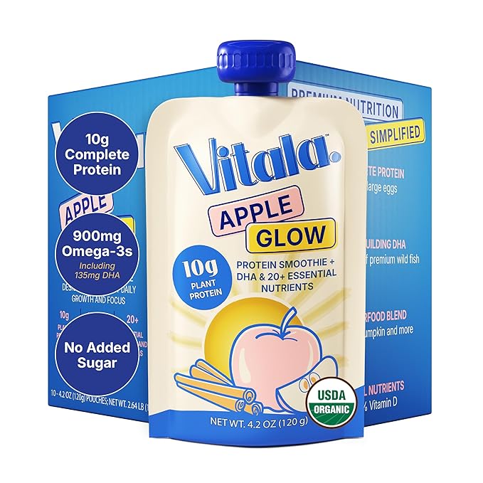 Vitala Organic Protein Smoothie Pouches for Kids & Adults, 10g Plant Protein, 135mg DHA Omega-3, Real Vegetables, No Added Sugar, Allergen Free, Ivy League Developed, 10 Count (Apple Glow)