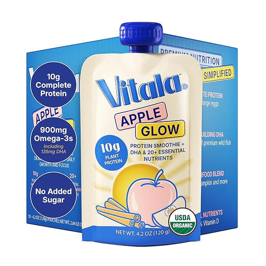 Vitala Organic Protein Smoothie Pouches for Kids & Adults, 10g Plant Protein, 135mg DHA Omega-3, Real Vegetables, No Added Sugar, Allergen Free, Ivy League Developed, 10 Count (Apple Glow)