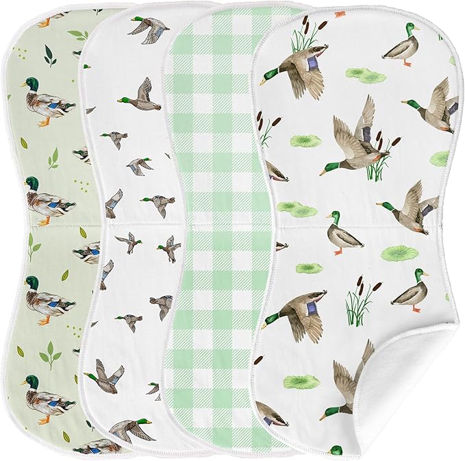 4 Pack Mallard Duck Baby Burp Cloths for Boy Girl, Duck Hunting Muslin Burp Cloths Soft Absorbent Mallard Nursery Decor Unisex Baby Burping rag Newborn, 19 x 9 Inches