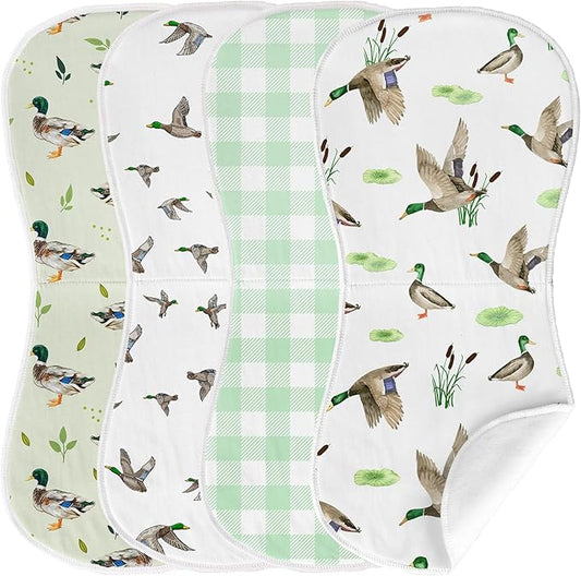 4 Pack Mallard Duck Baby Burp Cloths for Boy Girl, Duck Hunting Muslin Burp Cloths Soft Absorbent Mallard Nursery Decor Unisex Baby Burping rag Newborn, 19 x 9 Inches