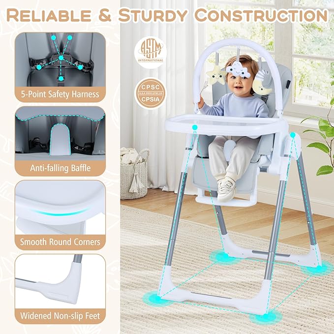 HONEY JOY Baby High Chair with Wheels, Foldable & Self-Stand Feeding Chair w/Toy Bar, Removable Cushion & Tray, Adjustable Heights & Recline Seat, Portable Highchair for Babies & Toddlers (Gray)