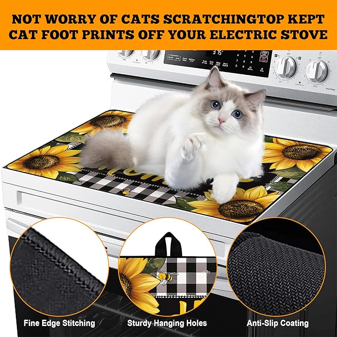 Multi-Design Stove Top Cover for Glass/Electric Stoves - 3-in-1 Heat-Resistant Protector Mat, Non-Slip Drying Rack 28"x20" (Sunflower)