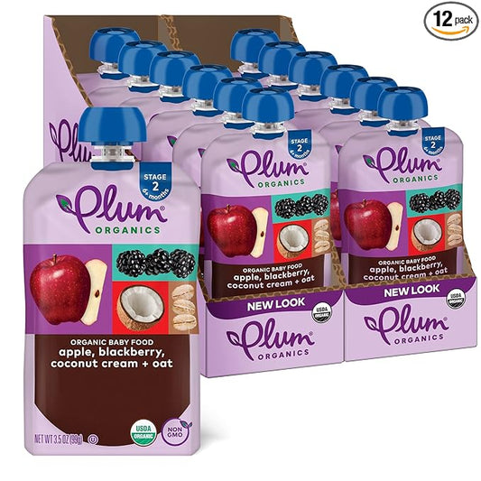 Plum Organics - 6+ Months Organic Baby Food - Apple, Blackberry & Coconut Cream - Non-GMO - Fruit Blends On-The-Go Pouches for Baby & Toddler Meals - Quality Tested Ingredients - 3.5 oz (Pack Of 12)