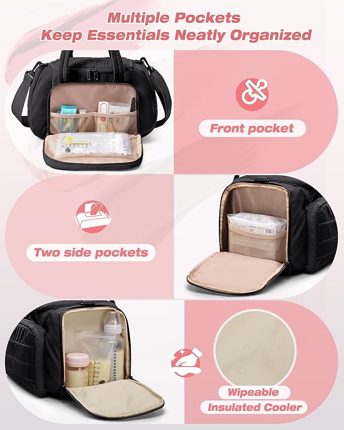 Marscamd Quilted Breast Pump Bag Compatible with Spectra S1 and S2, Pumping Bag with Cooler Compartment and a Drying Mat, Black