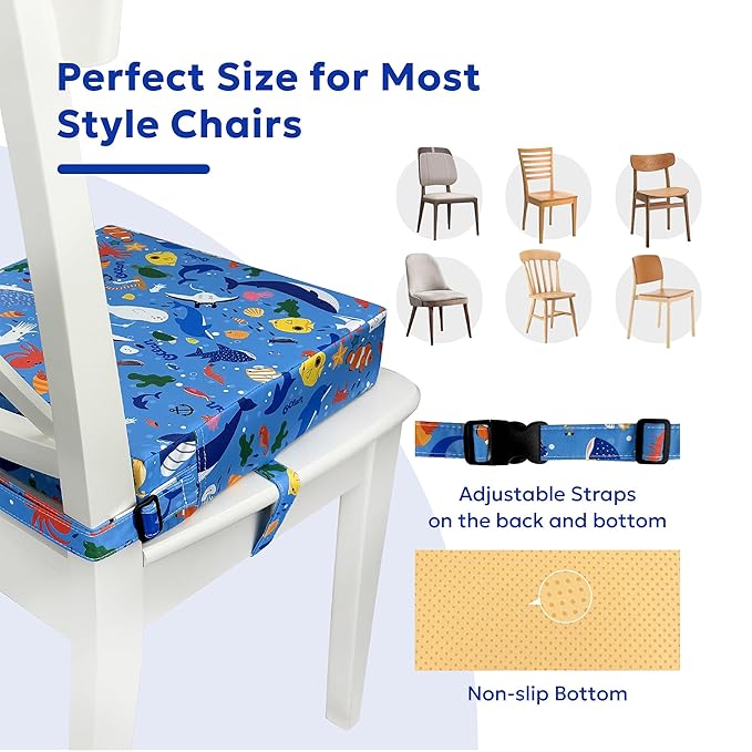 Toddler Booster Seat for Dining Table & Kitchen Chairs - Premium Foam with Non-Slip Bottom & Double Adjustable Straps, Safety Certified, Portable Travel &Easy to Clean (Blue-Ocean)