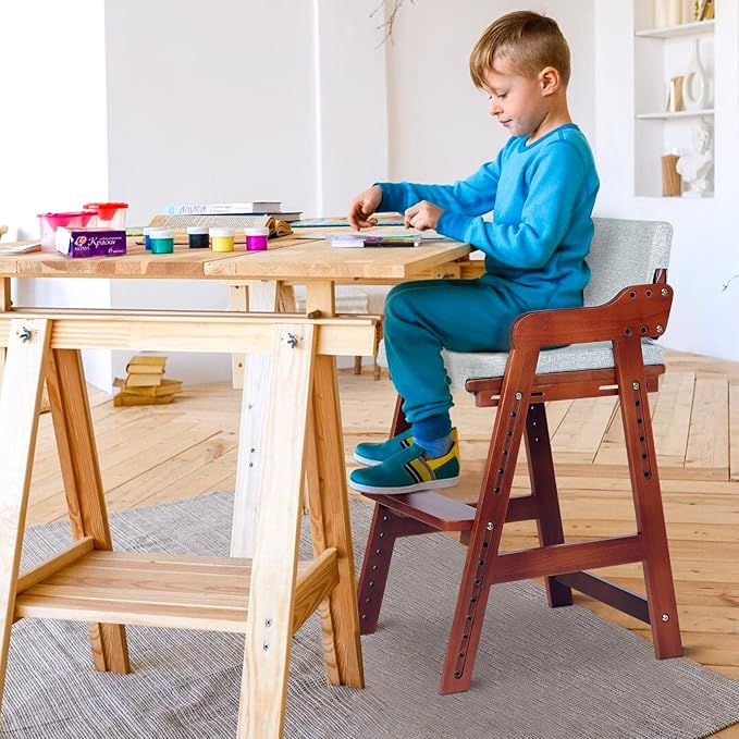 Ezebaby Wooden High Chair for Toddlers to Teens Adjustable Kids Learning Chair with Steps, Child Seats with Removable Cushions (Nut-Brown)