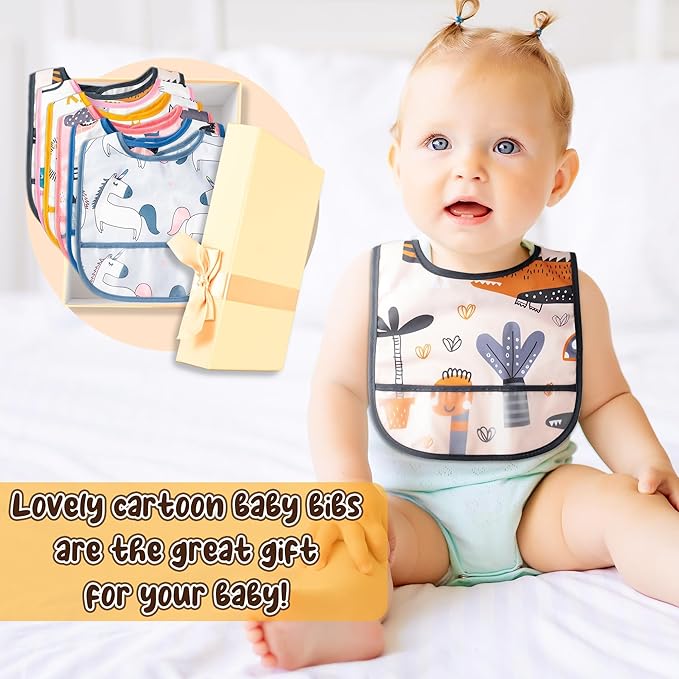 6Pcs Waterproof Toddler Bibs Baby Feeding Bib Set with Crumb Catcher Pocket, Adjustable Infant Baby Teething Bib, Babies Sleeveless Animals Food Bibs Keepsake Gift for Baby Shower, 6-24 Months