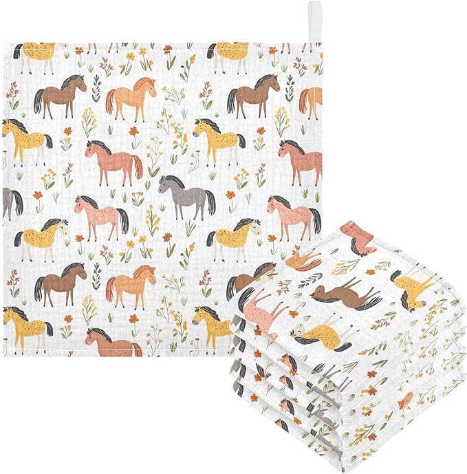 vvfelixl Baby Muslin Washcloths Cartoon Horses Graze Baby Burp Cloths Cotton Babys Face Towel for Newborn Infants Boys Girls Soft and Absorbent 11.8 X 11.8 in, 3 Pack