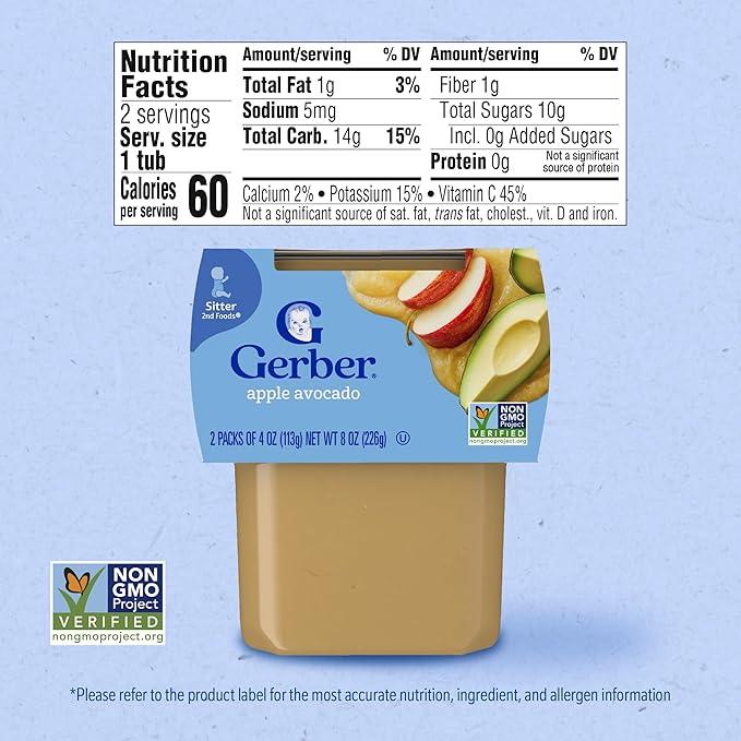 Gerber Stage 2 Baby Food, Apple Avocado Puree Tubs, Baby Puree, 16PK