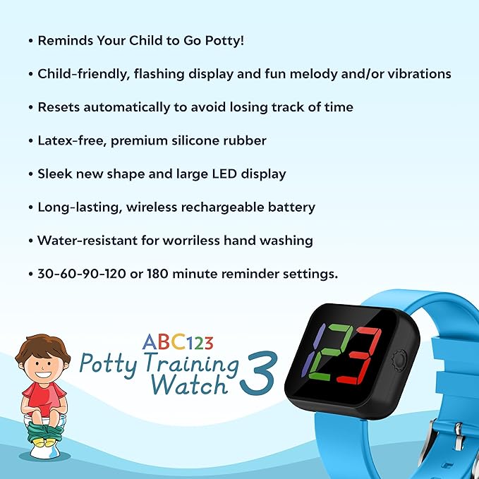 ABC123 Potty Training Watch 3 (2023 Edition) - Baby Reminder Water Resistant Timer for Toilet Training Kids & Toddler with Wireless Charging (Blue)