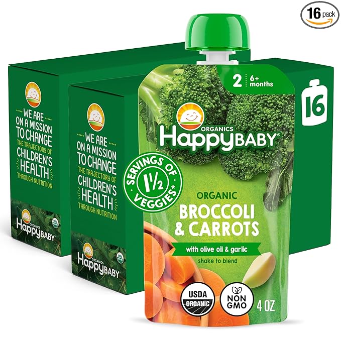 Happy Baby Organics Savory Blends Stage 2 Baby Food, Broccoli & Carrots with Olive Oil + Garlic, 4 Ounce Pouch (Pack of 16)
