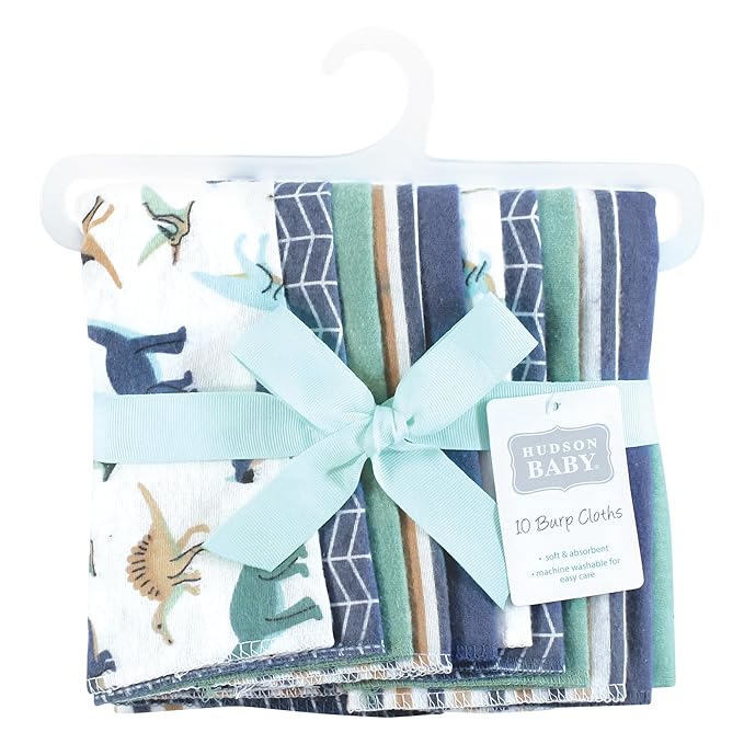 Hudson Baby Unisex Baby Cotton Flannel Burp Cloths 10-Pack, Dino Friends, One Size
