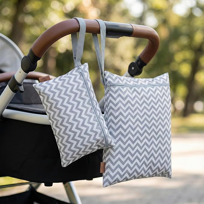 Hamur Wet Bag Set – 2 Pack Reusable Waterproof & Mess-Proof Bags (1 Large 12.6×14.6 in + 1 Small 12.6×7.9 in) | Washable at 40 °C, Lightweight Storage for Baby, Travel & Gym Essentials(Zigxag Gray)
