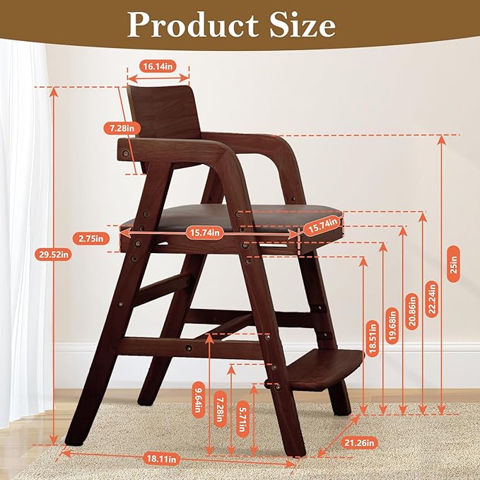 Solid Wood High Chair for Toddlers to Teens, Adjustable Height Toddler Dining Chair, Easy to Clean Toddler Highchair with PU Cushion for Dining, Studying, Step Stool, Walnut