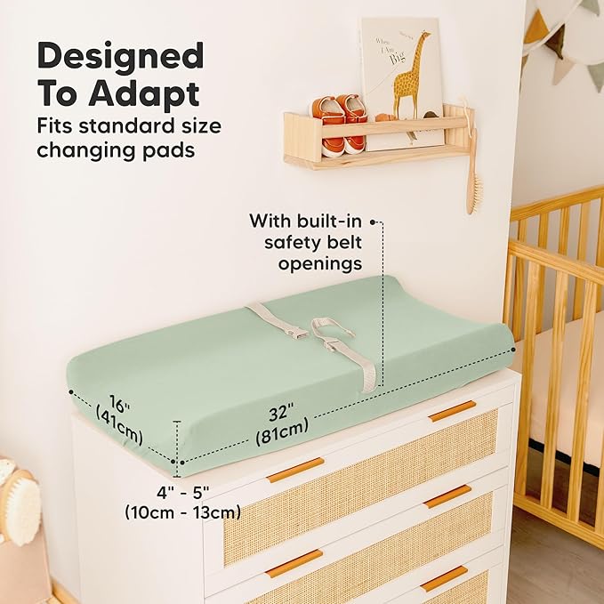 2-Pack Waterproof Changing Pad Covers Boy, Girl – 32x16 Soft Cotton Baby Changing Table Cover, Wipeable Diaper Change Pad Sheets, Contour Baby Diaper Change Mat Liner for Dresser, Nursery (Sage)
