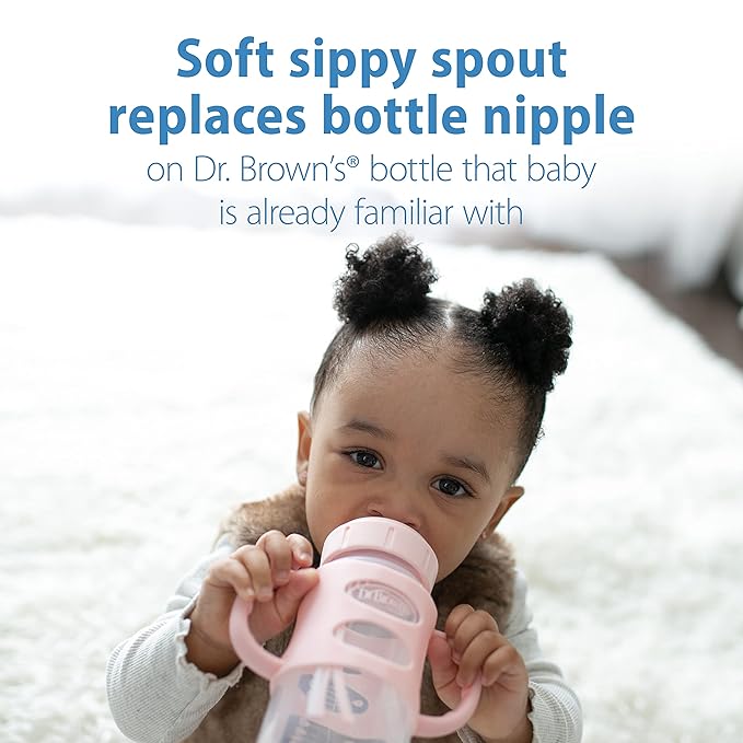 Dr. Brown's Milestones Wide-Neck Sippy Spout Bottle with 100% Silicone Handles & Milestones Cheers 360 Cup Spoutless Transition Cup, Travel Friendly & Leak-Free Sippy Cup, Pink Leopard, 10 oz/300 mL