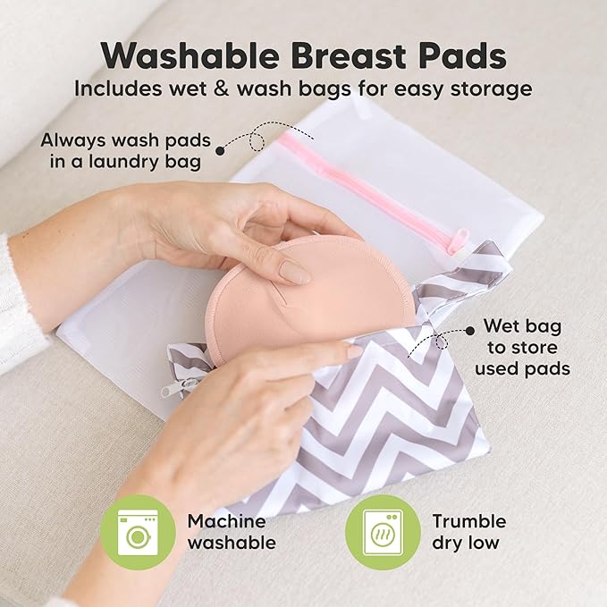 Organic Nursing Pads - 14 Washable Breast Pads for Breastfeeding, Wash Bag, Viscose Derived from Bamboo Reusable Nipple Covers for Breastfeeding Essentials, Soft & Absorbent(Pink Sand, L 5")