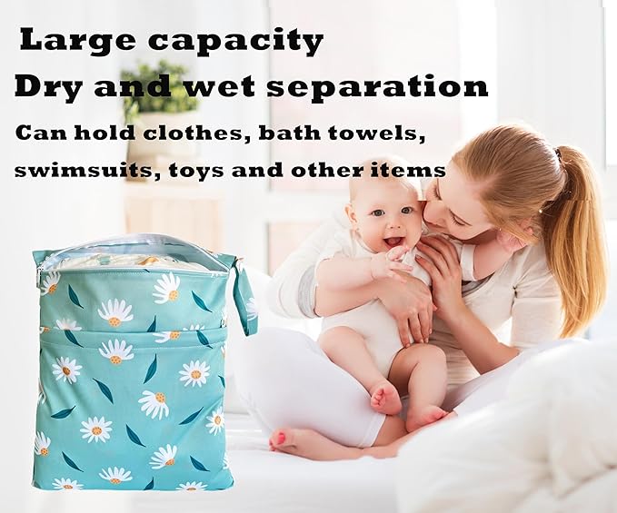 Wet Dry Bag for Cloth Diapers, 2PCS Waterproof Reusable Wet Bag with Zippered Pockets, Washable, Reusable for Travel, Beach, Pool, Stroller, Diapers, Dirty Gym Clothes, Swimsuits, 14x12In & 12x11In