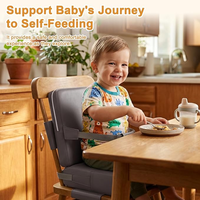 Booster Seat for Kitchen Chair, Non-Slip Toddler Booster Seat for Dining Table with Backrest, Adjustable Straps, Portable Travel Toddler Booster Seat with Storage Bag, Grey