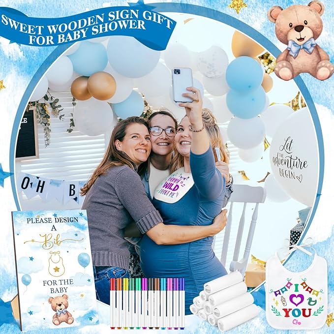 Panitay 100 Pcs DIY Baby Bibs Decorating Kit 50 White Bibs 25 Stencils 24 Markers 1 Baby Shower Game Sign