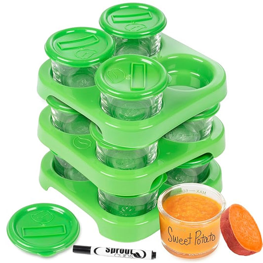 Glass Baby Food Storage Containers w Write What You Want Lids (12 Pk) - 2oz Jar Includes Lids, Storage Tray, Dry-Erase Marker - Microwave, Freezer, Dishwasher Safe - BPA & Phthalate Free