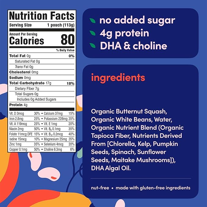 Cerebelly Organic Baby Food Pouches, Butternut Squash White Bean Purees, 16 Nutrients, No Added Sugar, Fiber & Non-GMO, 4oz, 6 Pack