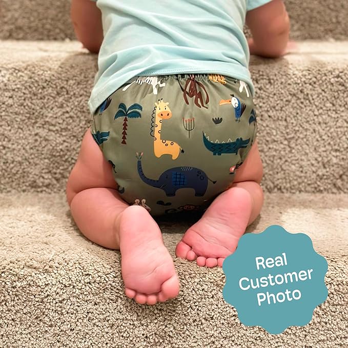 Kinder Cloth Diapers Reusable Baby Diapers Pocket Style Athletic Wicking Jersey, Bamboo Viscose Inserts Wet Bag, Newborn to Potty Training 7-60lbs, One Size (Safari Friends, 10 Pack, with Inserts)