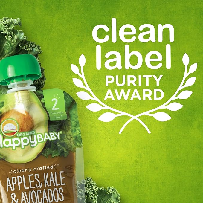 Happy Baby Organics Stage 2 Baby Food Pouches, Gluten Free, Vegan & Healthy Snack, Clearly Crafted Fruit & Veggie Puree, Pumpkin, Peaches & Granola, 4 Ounces (Pack of 16)