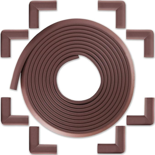Baby Proofing Edge and Corner Guard Protector Set for Back to School, 20.4 ft Edges & 8 Foam Corners, Furniture and Table Child Baby Proof Bumpers, Pre-Taped Corner Cushions-Coffee Brown
