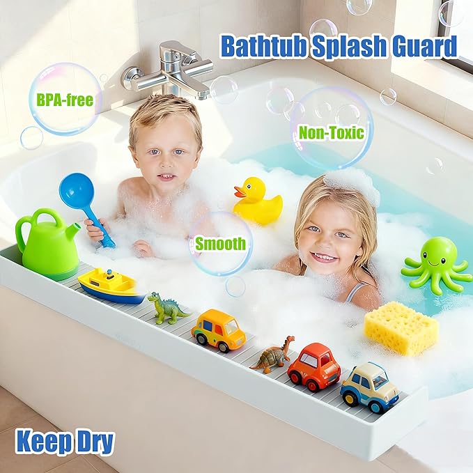 Longer Bathtub Splash Guard for Kids Adult - Bathtub Tray 31IN Silicone Bath Tub Tray Shelf with 11 Suction Cups, Bathtub Accessories Bath Toy Holder Play Shelf , Sink Side Splash Guard Tray, Gray