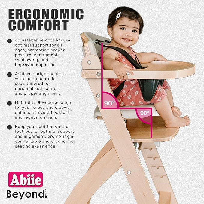 Abiie Beyond Junior Wooden High Chair for Babies and Toddlers - Convertible 3-in-1 Baby Highchair with Removable Tray - 6 Months to 250 Lb - Water Resistant - Natural Wood with Dark Grey Cushion