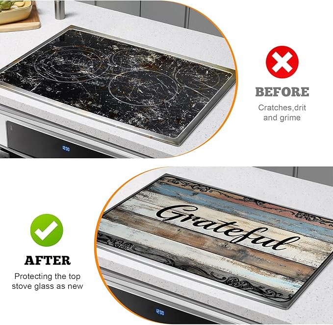 Multi-Design Stove Top Cover for Glass/Electric Stoves - 3-in-1 Heat-Resistant Protector Mat, Non-Slip Drying Rack 30" x 21" (Grateful)