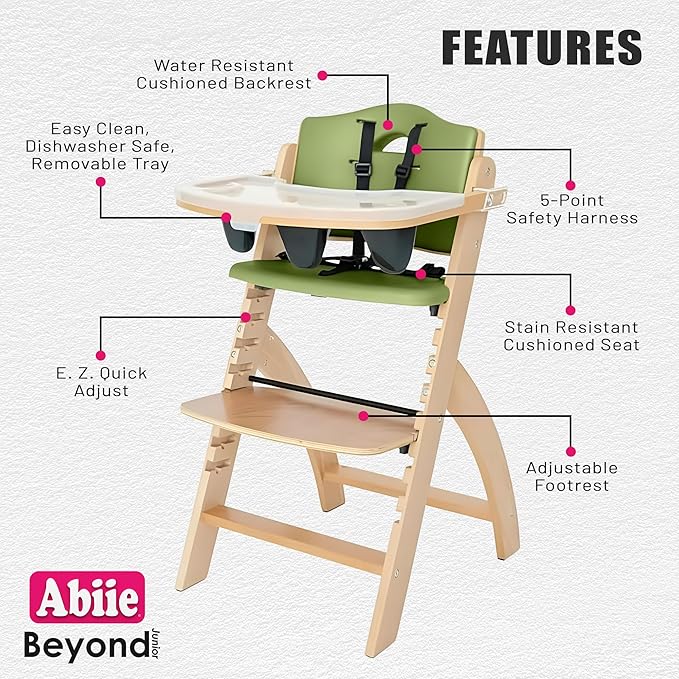 Abiie Beyond Junior Wooden High Chair for Babies and Toddlers - Convertible 3-in-1 Baby Highchair with Removable Tray - 6 Months to 250 Lb - Water Resistant - Natural Wood/Olive Cushion