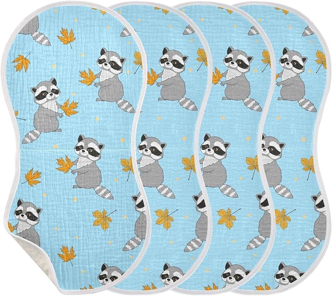 Raccoons Autumn Leaves Pattern Muslin Burp Cloths for Baby 4 Pack 100% Cotton Baby Washcloths Bibs for Boy Girl