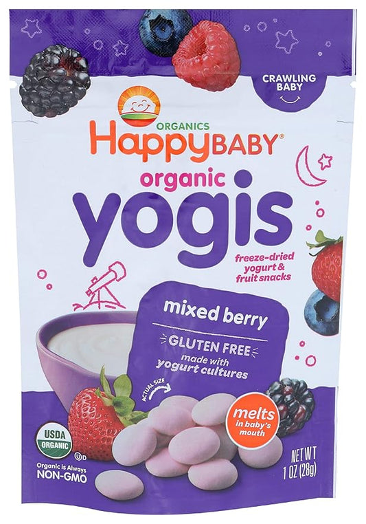 Happy Baby Organic Yogis Freeze-Dried Yogurt & Fruit Snacks Mixed Berry, 1 Ounce Bag Organic Gluten-Free Easy to Chew Probiotic Snacks for Babies & Toddlers