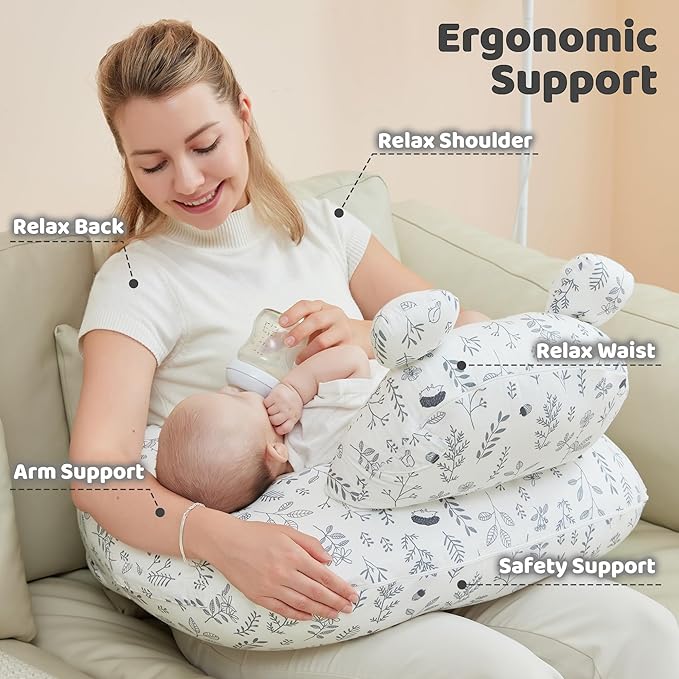 lasoftan Nursing Pillow for Breastfeeding, Breast Feeding Pillow for Mom Support, Adjustable Waist Strap and Removable Cotton Cover, Leaves