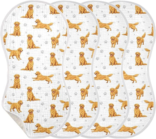 4 Pack Muslin Burp Cloths Golden Dogs Paw Prints White Cotton Baby Burp Cloths Ultra Absorbent and Soft Thick Burping Cloth for Newborn Boys Girls 22x11 Inch